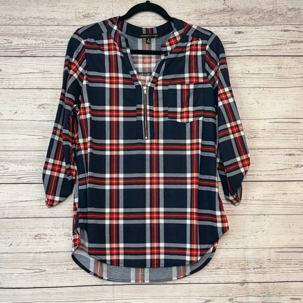 Always Indigo Half Zip Plaid Blouse‎ XL